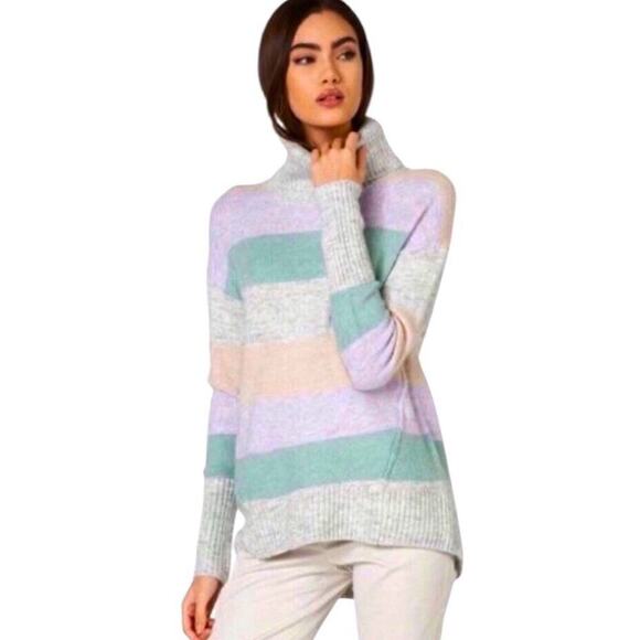 Gap Brushed Turtleneck Sweater Women L Striped Green Purple Relaxed Preppy Cozy - Picture 2 of 15